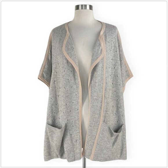 Allude Cashmere Gray Beige Trim Cardigan Ruanna Poncho Sweater Pointelle Knit S - Picture 1 of 4